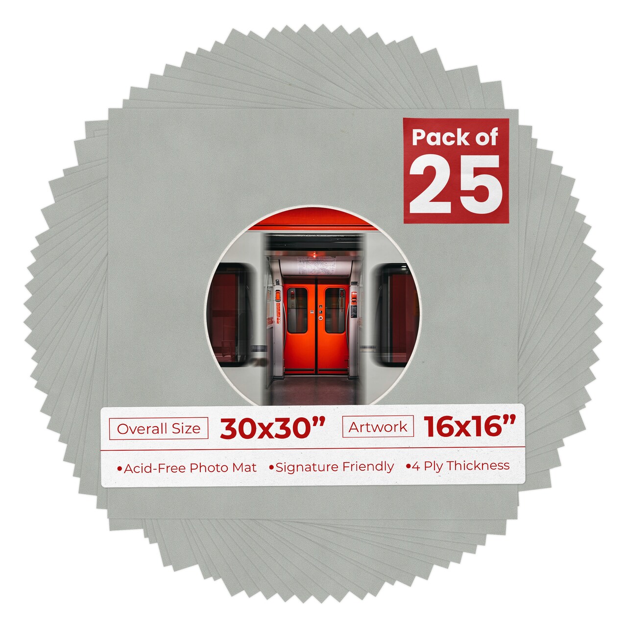 Light Grey Suede Mat Board for 30x30 Frames - Circle Opening for 16x16 Photos